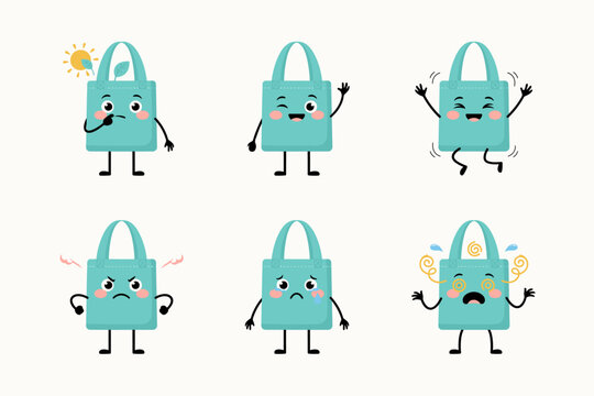 A set of cute tote bag characters expressing various moods and expressive icons like digital emojis in a colorful illustrated collection