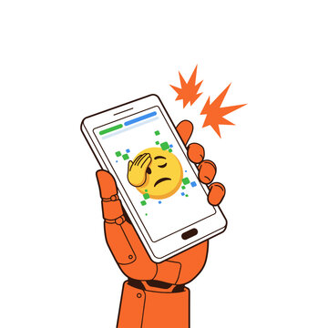 An orange robotic hand holding a smartphone displaying an expressive emoji for World Emoji Day