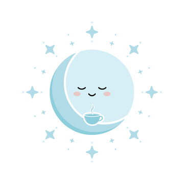 A cute cartoon moon character with a peaceful expression holding a steaming warm drink for self care and relaxation