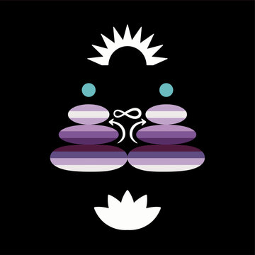Minimalist zen illustration featuring balanced stacked stones, lotus flower, and a glowing sun symbol representing peaceful self care and mindfulness