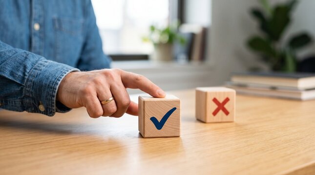A person's hand pushing a wooden block with a blue checkmark, symbolizing choice and decision-making between right and wrong options.