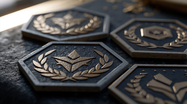Hexagonal achievement badge icon set displaying beginner, intermediate, advanced, and expert tier designs with progressive complexity in central glyph detail, gamification visual