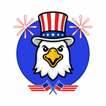 A proud bald eagle mascot wearing a patriotic Uncle Sam hat with fireworks for US Independence Day