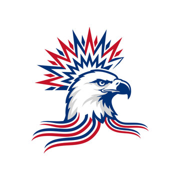 A stylized bald eagle logo illustration featuring a patriotic red white and blue sunburst design for US Independence Day