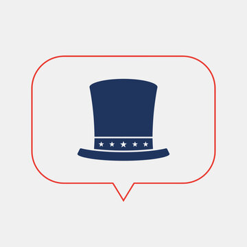 A minimalist graphic illustration of a patriotic American uncle sam top hat inside a red outlined speech bubble representing national pride.
