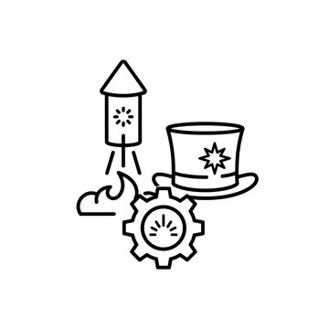 A patriotic American Independence Day line art icon featuring a rocket launch, a stovepipe hat, and a mechanical gear wheel