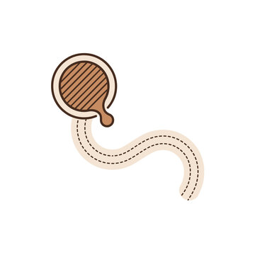 A stylized circular honeycomb icon with a golden honey dipper shape and a trailing dashed path representing sweet treats and cocoa