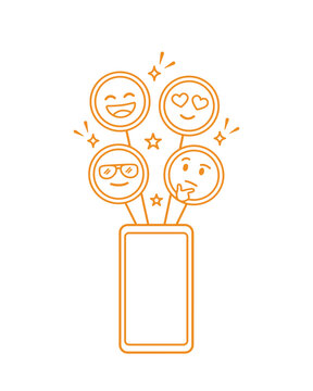 A vibrant orange line art illustration of a smartphone screen displaying various fun emojis and digital communication symbols.