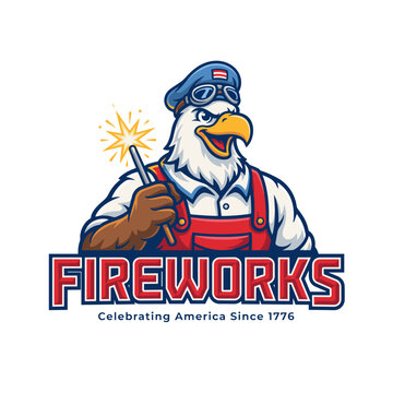 A mascot eagle wearing patriotic goggles and a uniform holds a glowing sparkler representing American patriotism and fireworks.