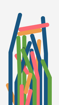 Abstract illustration of colorful vertical lines and shapes overlapping in a modern digital composition