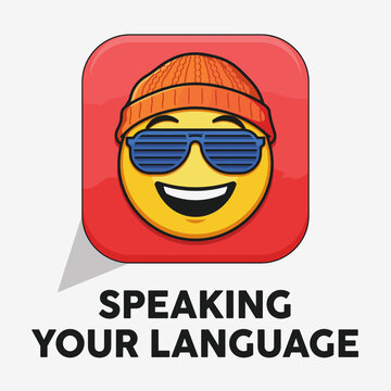A happy yellow emoji wearing a knit beanie and shutter shades on a red speech bubble background for World Emoji Day
