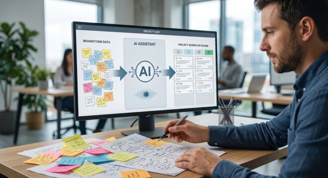 Business professional using AI to transform messy sticky notes into organized project board, showing clear task structuring, workflow planning, and practical office productivity support.