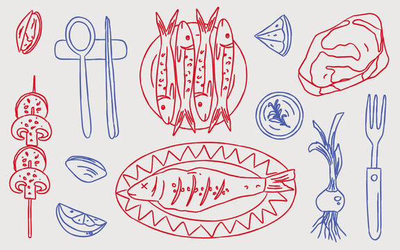 Hand Drawn Seafood and Grilled Meat Line Art Illustration, Minimalist Red and Blue Doodle Icon Set of Fish, Steak, Clam, Skewer, and Cutlery for Restaurant Menu Design, Isolated Graphic Elements