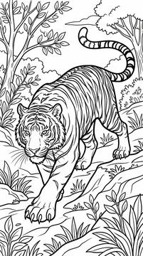 Tiger walking through jungle with trees and plants