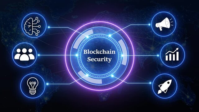 Digital hologram of blockchain security featuring global network icons and glowing neon circle on world map.