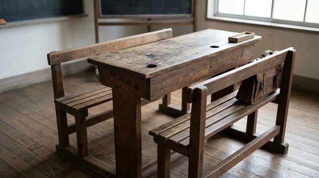 Vintage school desk with attached bench seats in old classroom