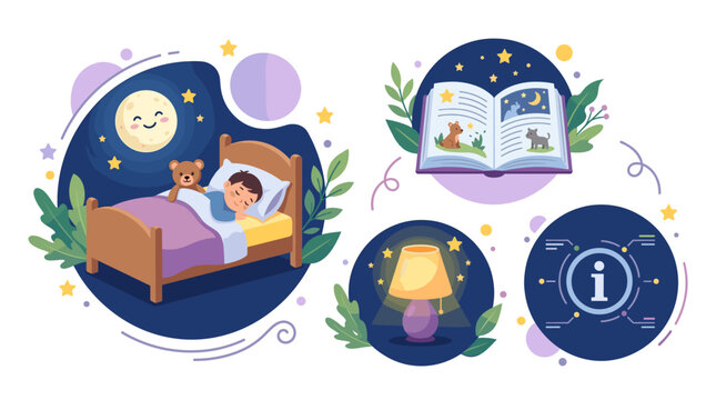 Child sleeping in bed with teddy bear and storybook
