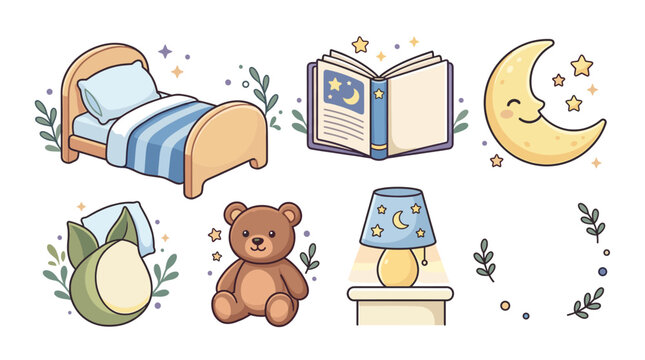Cute bedtime icons vector illustration flat design