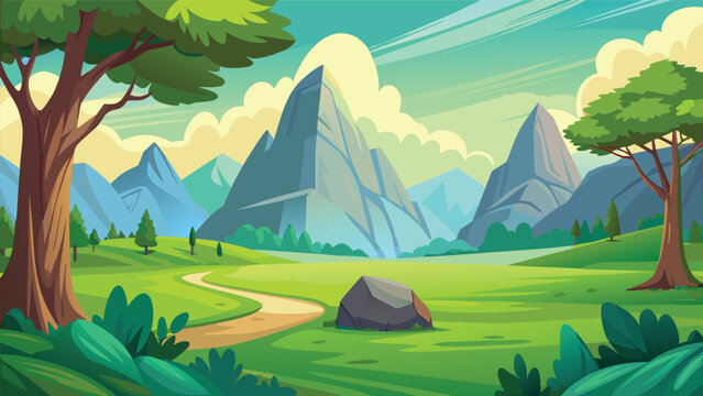Vector landscape with rolling hills mountains and trees under a bright sky