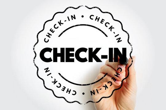 Check-In stamp with hand using marker, circular badge motif suggesting attendance, confirmation or entry process in a clean minimal layout