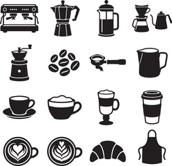 Obraz premium Coffee Brewing Equipment and Barista Accessories Icon Set Vector Collection