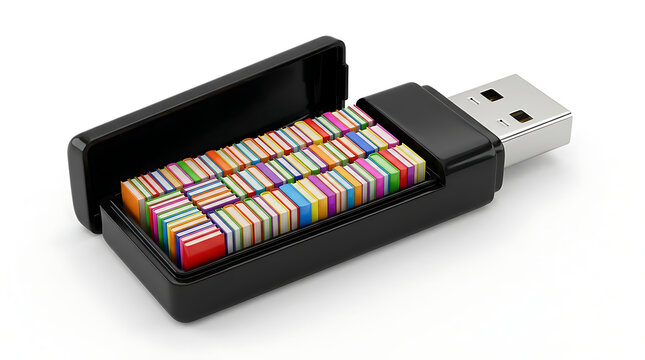 Compact USB drive storing a vibrant collection of colorful miniature books, showcasing digital data organization and miniaturization