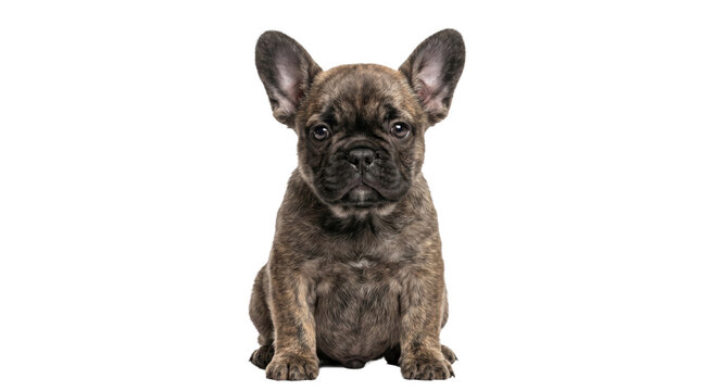 Adorable brindle French Bulldog puppy sitting and looking directly at the camera