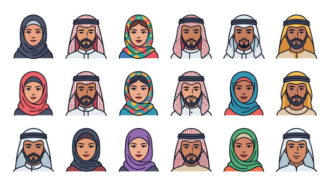 Diverse Collection of 17 Highly Detailed Colorful Multicultural Portrait Icons Showcasing Arabian Men and Women in Modern Minimalist Style Perfect for Branding Web Design and Marketing Mater