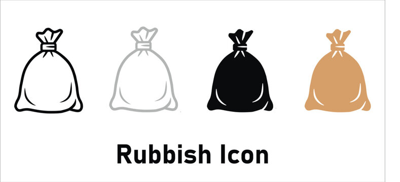 Black and white trash bags icon set in simple line art style. Black solid silhouette style icons