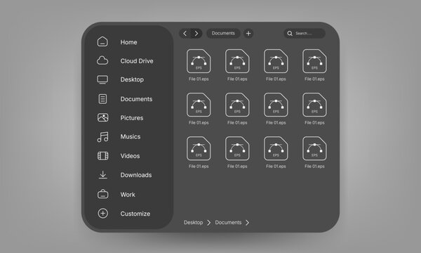 Dark mode file manager user interface design with vector EPS icons