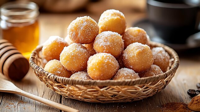 A shallow natural woven fiber basket with Ivorian beignets, golden fried dough balls, round and slightly irregular, dusted with fine white sugar glistening under the light 