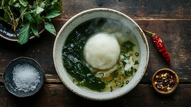 white ball of fufu (pounded cassava), soft elastic texture, positioned in isolation on the left third, alongside a separate bowl of sauce claire