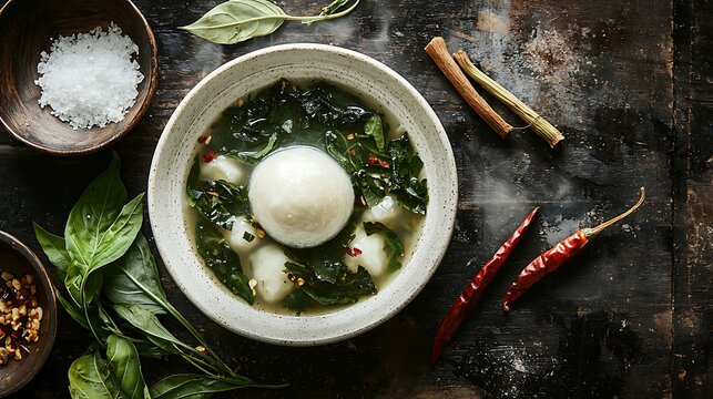  white ball of fufu (pounded cassava), soft elastic texture, positioned in isolation on the left third, alongside a separate bowl of sauce claire