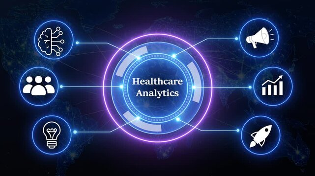 Digital infographic interface of healthcare analytics concept with animated global network background and abstract business icons.