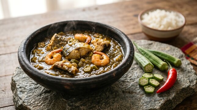 A steaming dark clay bowl with sauce gombo, thick, slightly viscous dark green okra sauce with visible fresh fish and shrimp pieces