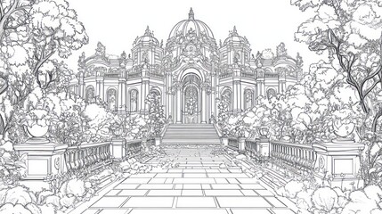Obraz premium Intricate line art of a palatial building with ornate details and surrounding foliage