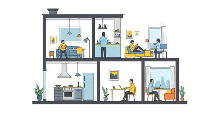 Obraz premium Modern apartment living, people working and relaxing in different rooms
