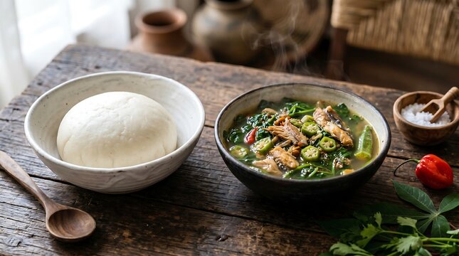  white ball of fufu (pounded cassava), soft elastic texture, positioned in isolation on the left third, alongside a separate bowl of sauce claire