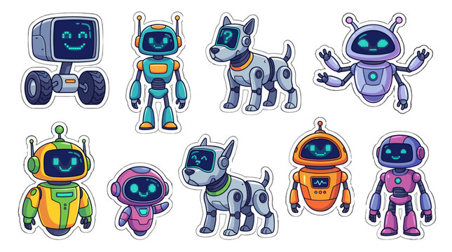 Cute cartoon robot and robotic dog sticker set