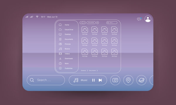 Tablet operating system dashboard interface with file manager and media controller
