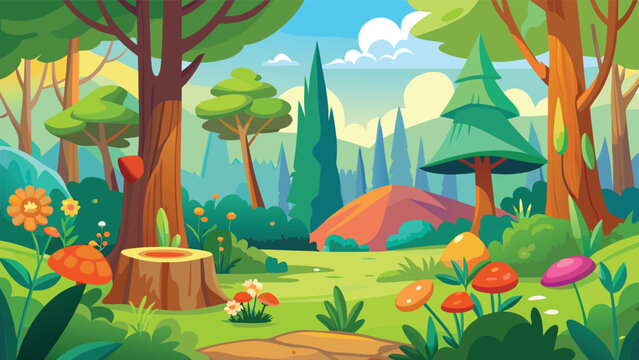 Lush forest scene with vibrant trees flowers and mushrooms during daylight idyllic woodland backdrop vector illustration