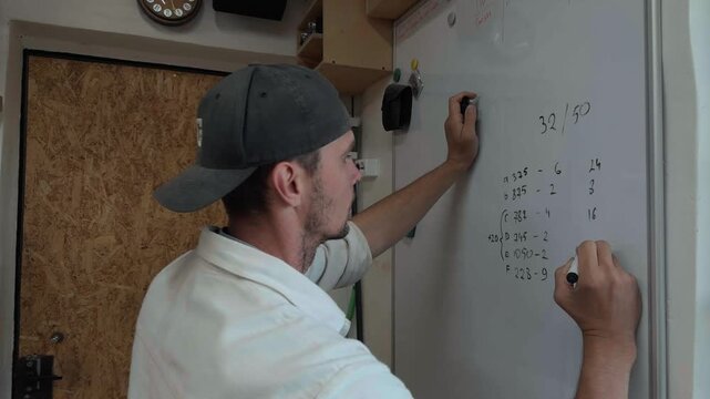 Dedicated cabinetmaker outlining blueprint cut list on dry erase board in bright fabrication shop local tradesman brainstorming woodworking project details authentic documentary style footage