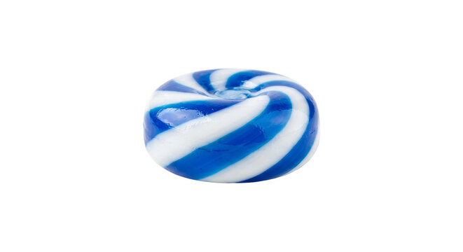 Round blue and white striped hard candy on a white background
