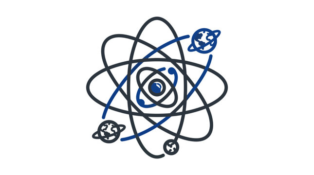 Abstract atom model with orbiting planets and celestial bodies on white background