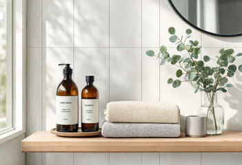 Two amber glass bottles of hand wash and shampoo on a wooden shelf with folded towels and a glass vase of eucalyptus leaves in a bright bathroom © Ferdou