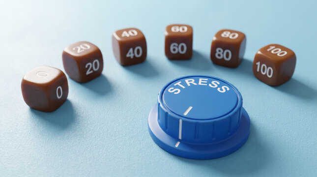 Stress level control knob with percentage scale cubes, conceptual mental health management dial, blue volume regulator for anxiety and pressure