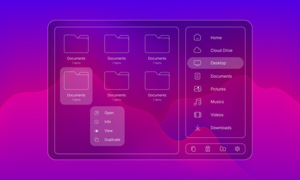 Line art file manager user interface on purple gradient background