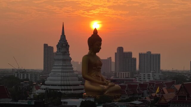 Wat paknam phasi charoen golden buddha statue sunset light aerial view travel in Bangkok Thailand