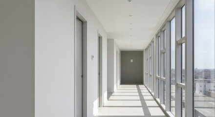 Fototapeta premium Long, bright hallway with closed doors and large windows, bathed in sunlight