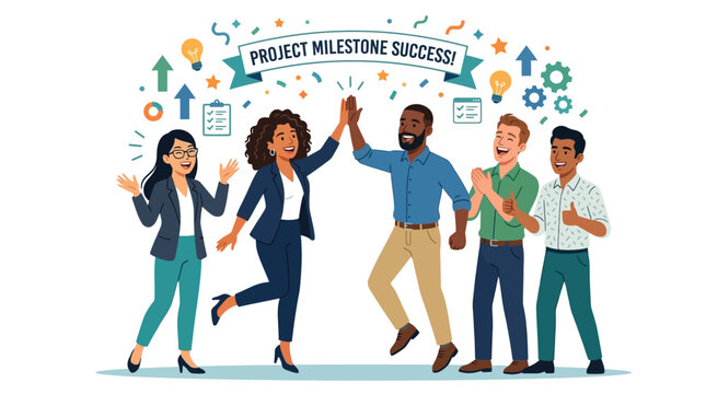 Diverse team celebrating project milestone success with high five